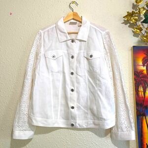 Chico's White Linen Jacket Lace Sleeve Button Front Trucker Style white 2 Large